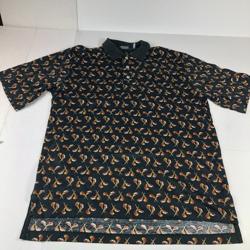 VTG 90s Polo Ralph Lauren Shirt Men Medium Black Faded Golf Clubs All Over Print